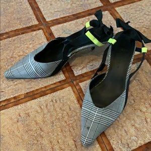 Zara kitten heel sling back gray plaid bow sz 38/8